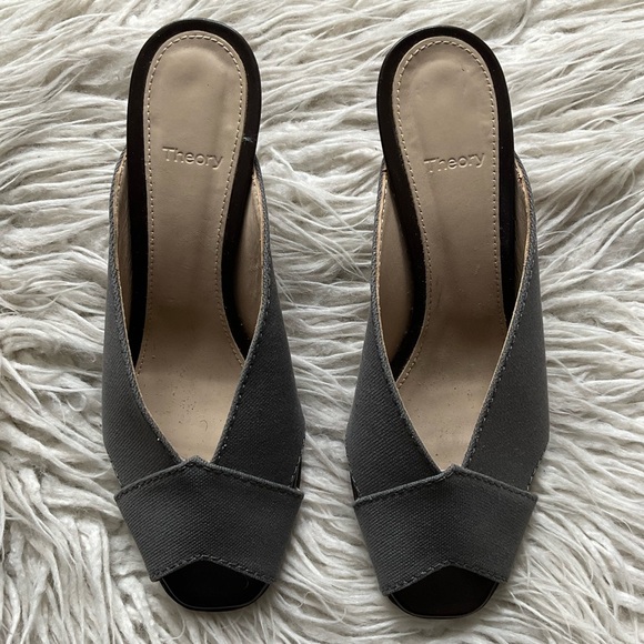 Theory V Mule Grey Cotton Canvas Leather Square Peep Toe Heeled Pump EUC Size 39 - Picture 6 of 12
